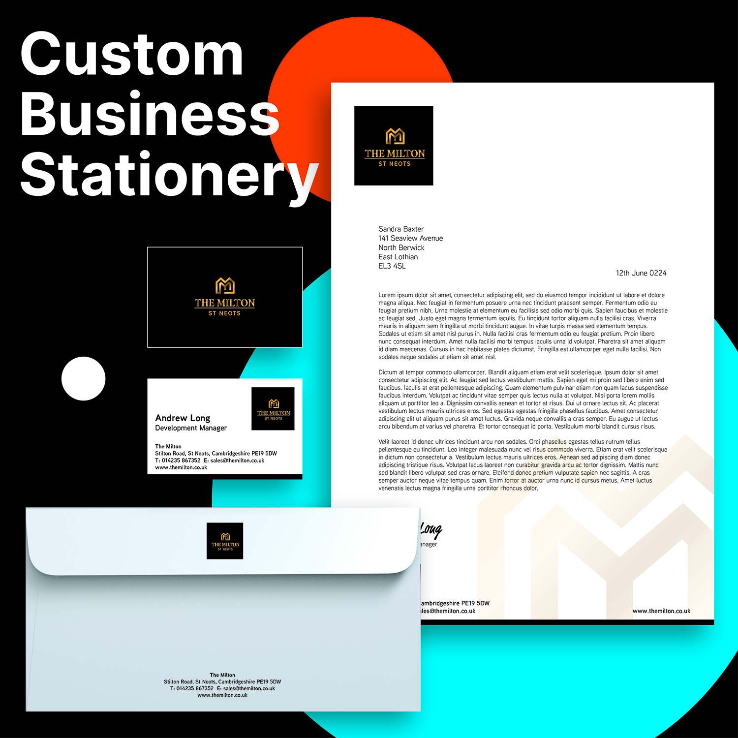 Branded stationery set including business cards, letterhead, and envelopes